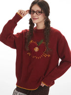 Whimsical Apple & Teddy Bear Pocket Knit Sweater - TEVQA