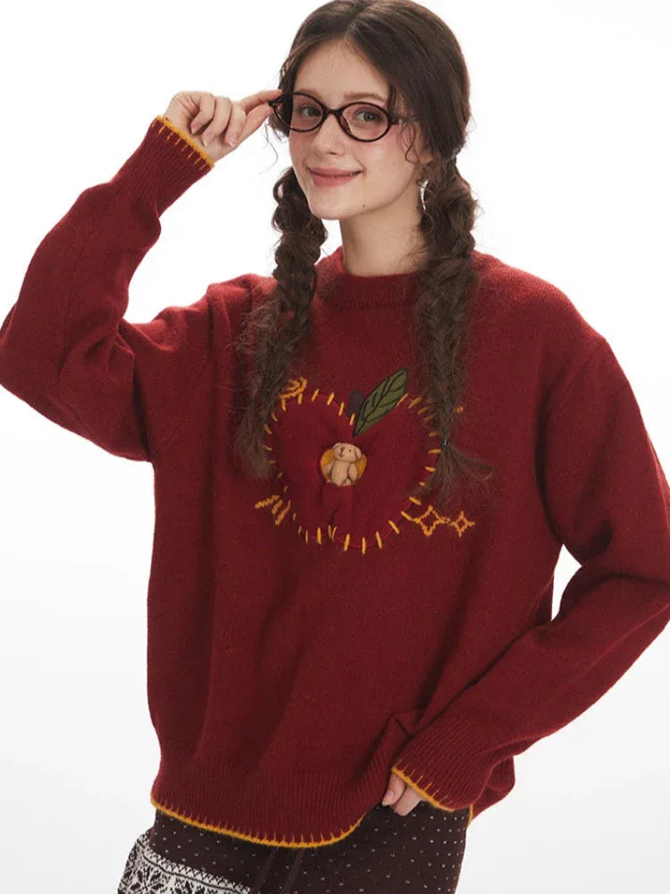 Whimsical Apple & Teddy Bear Pocket Knit Sweater - TEVQA