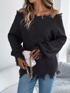 Distressed Off-Shoulder Knit Sweater - View 10 | TEVQA
