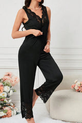Black Lace Trim Pajama Set, V-Neck Sleeveless Top & Wide Leg Pants - Elegant Sleepwear