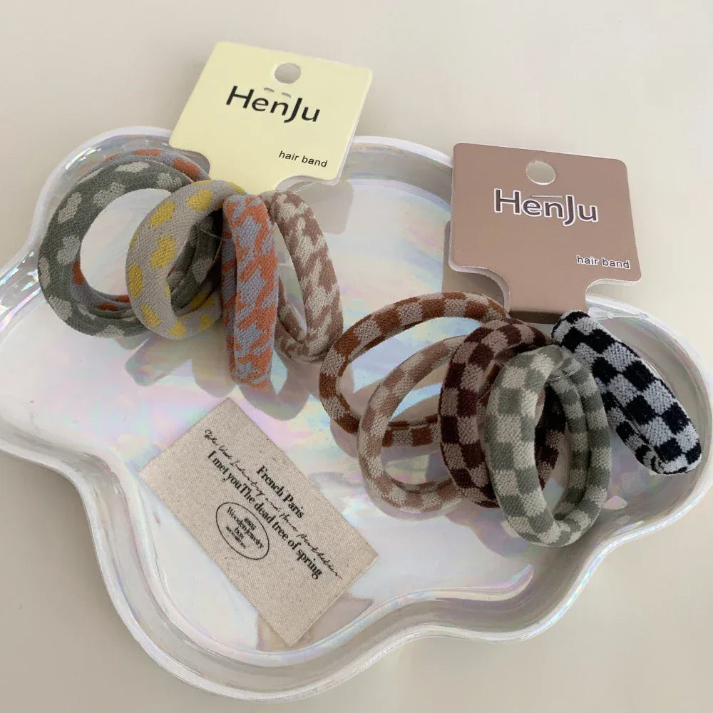 5-Pack Checkered Terry Cloth Hair Ties - Seamless Strong Hold - TEVQA