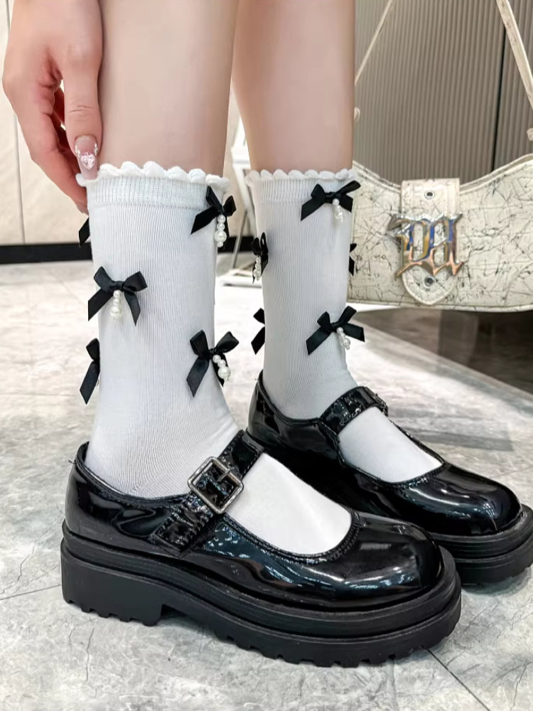 Grey knee high socks with black satin bows and faux pearl embellishments - View 12 | TEVQA