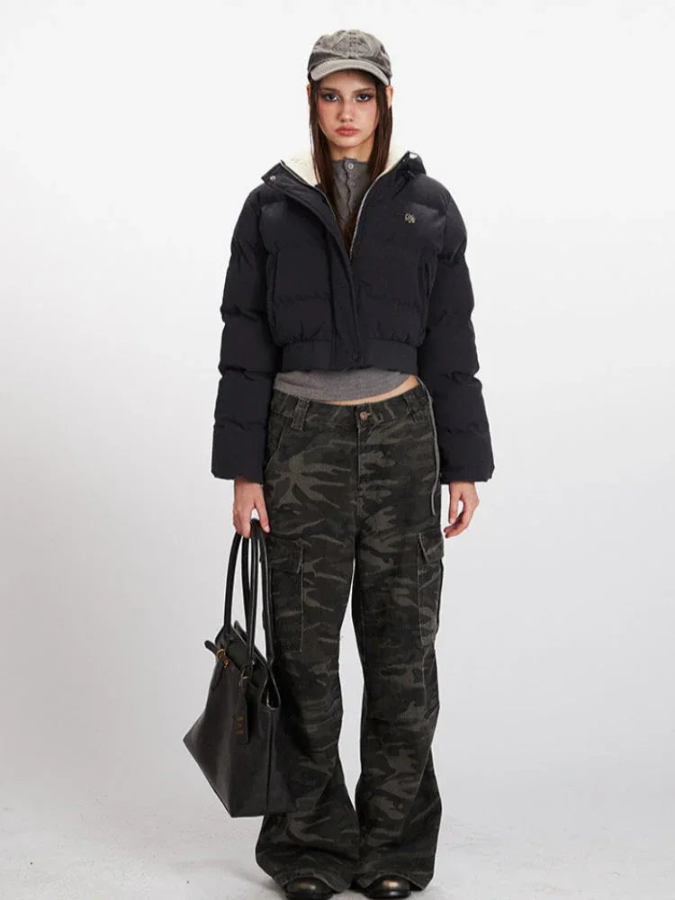 Textured Cropped Hooded Puffer Jacket - TEVQA Main image