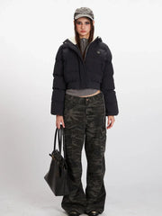 Textured Cropped Hooded Puffer Jacket - TEVQA
