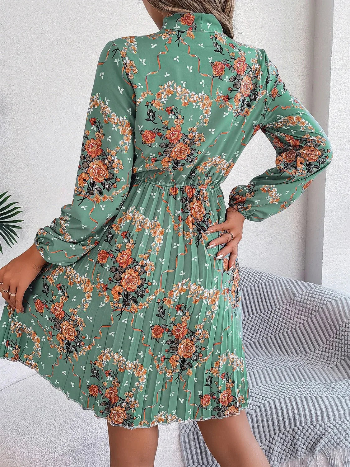 Vintage Pink Floral Pleated Dress - TEVQA