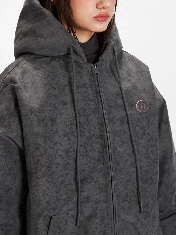 Vintage Wash Distressed Hooded Puffer Jacket - TEVQA