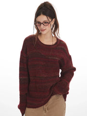 Vintage Burgundy Striped Knit Sweater - TEVQA