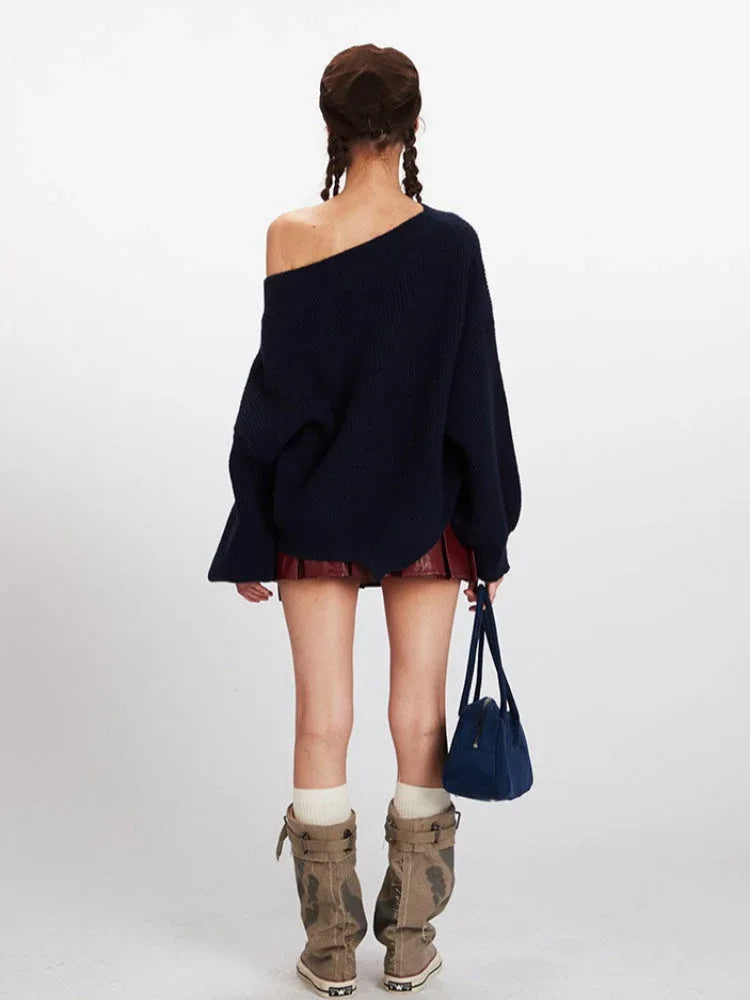Vintage Collegiate Navy Off-Shoulder Graphic Sweater - TEVQA Secondary image