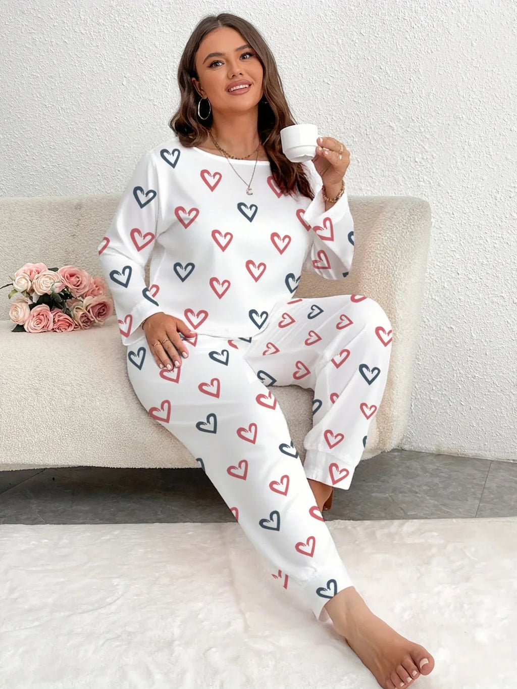 Plus Size Pink Heart Print Jogger Pajama Set - View 7 | TEVQA