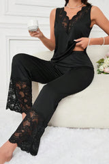 Black Lace Trim Pajama Set, V-Neck Sleeveless Top & Wide Leg Pants - Elegant Sleepwear