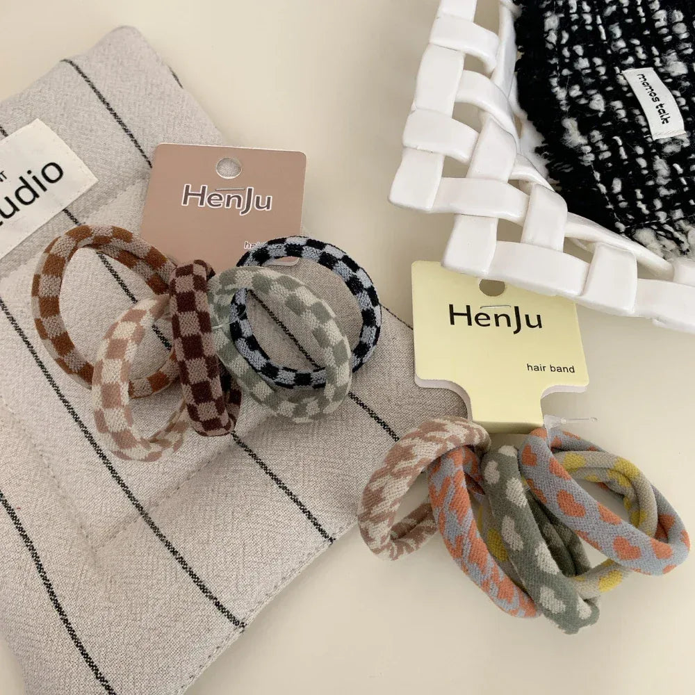 5-Pack Checkered Terry Cloth Hair Ties - Seamless Strong Hold - TEVQA