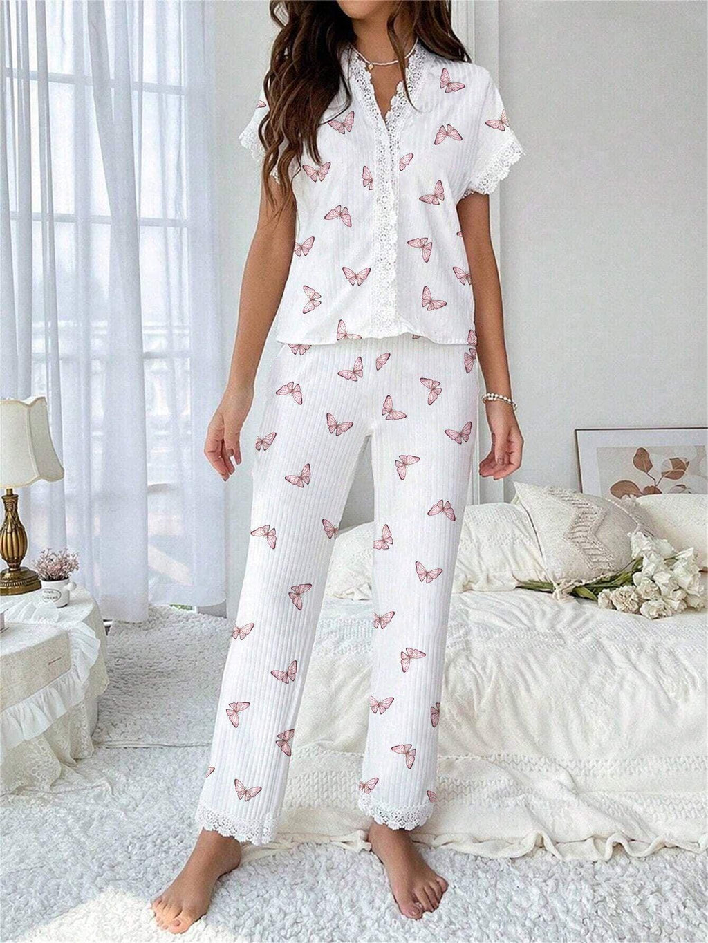 Cherry print ribbed pajama set with lace trim - View 13 | TEVQA