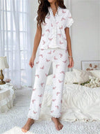 Cherry print ribbed pajama set with lace trim - View 13 | TEVQA