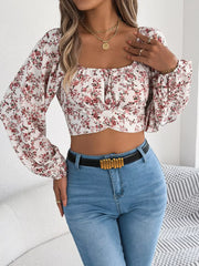 Romantic White Floral Lantern Sleeve Crop Top - TEVQA