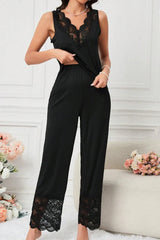 Black Lace Trim Pajama Set, V-Neck Sleeveless Top & Wide Leg Pants - Elegant Sleepwear