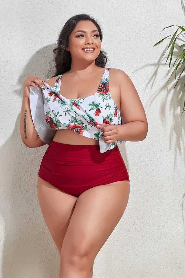 Floral high waist bikini set with ruffled overlay and adjustable straps - View 10 | TEVQA