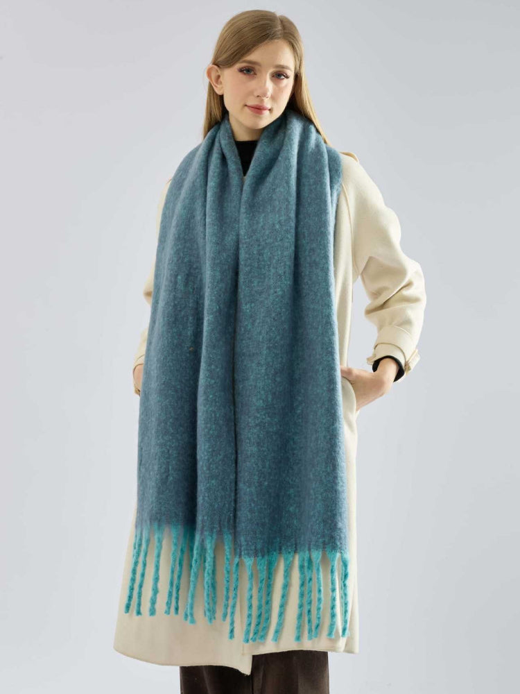 Women's Extra-Long Bouclé Scarf Soft Chunky Knit Winter Wrap with Fringe - Teal Blue