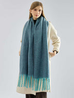 Women's Extra-Long Bouclé Scarf Soft Chunky Knit Winter Wrap with Fringe - Teal Blue