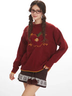 Whimsical Apple & Teddy Bear Pocket Knit Sweater - TEVQA