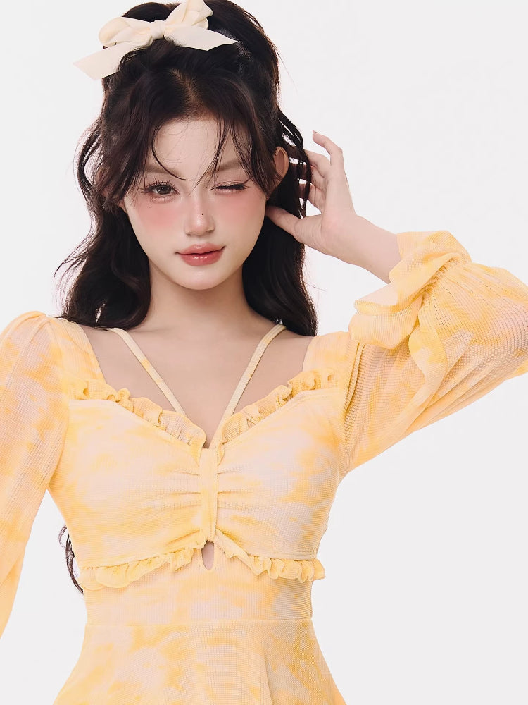 Yellow Tie-Dye Long Sleeve Swim Dress