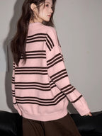 Pink striped collared knit polo sweater - View 6 | TEVQA