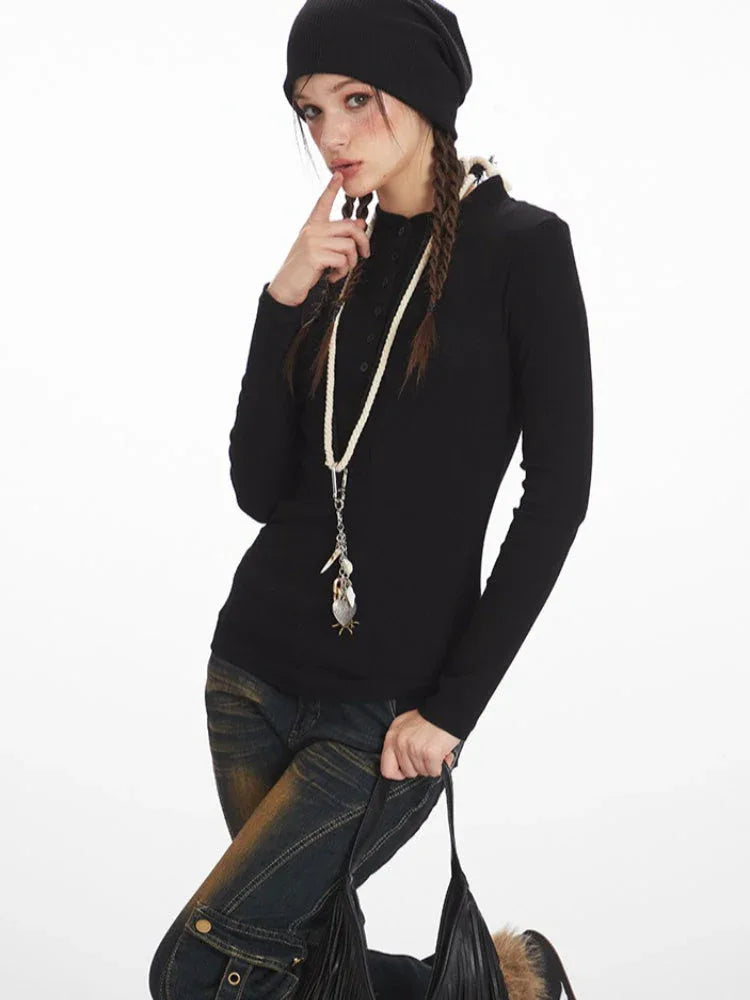 Y2K Essential Ribbed Henley Long Sleeve Top - TEVQA