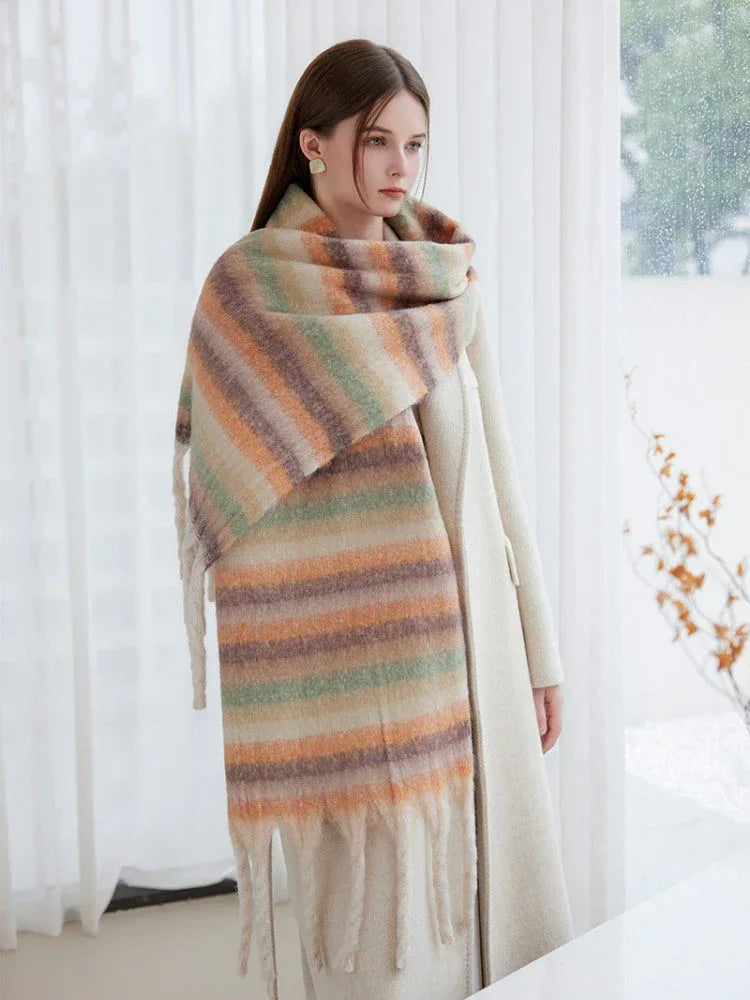 Oversized gradient stripe scarf with fuzzy knit texture - View 7 | TEVQA