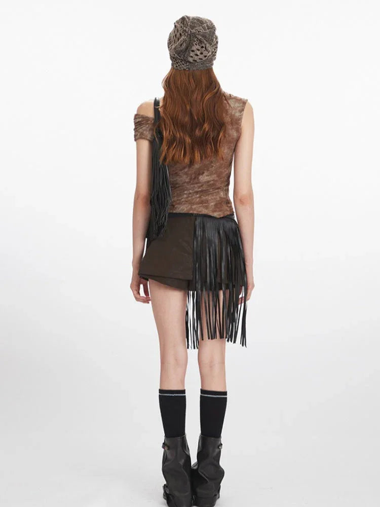 Y2K Acid Wash Draped Cowl Neck Top - TEVQA