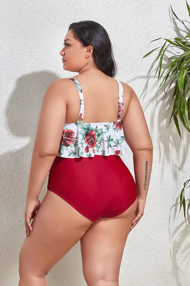 Floral high waist bikini set with ruffled overlay and adjustable straps - View 11 | TEVQA