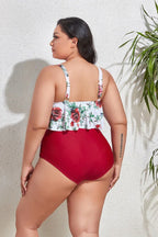 Floral high waist bikini set with ruffled overlay and adjustable straps - View 11 | TEVQA