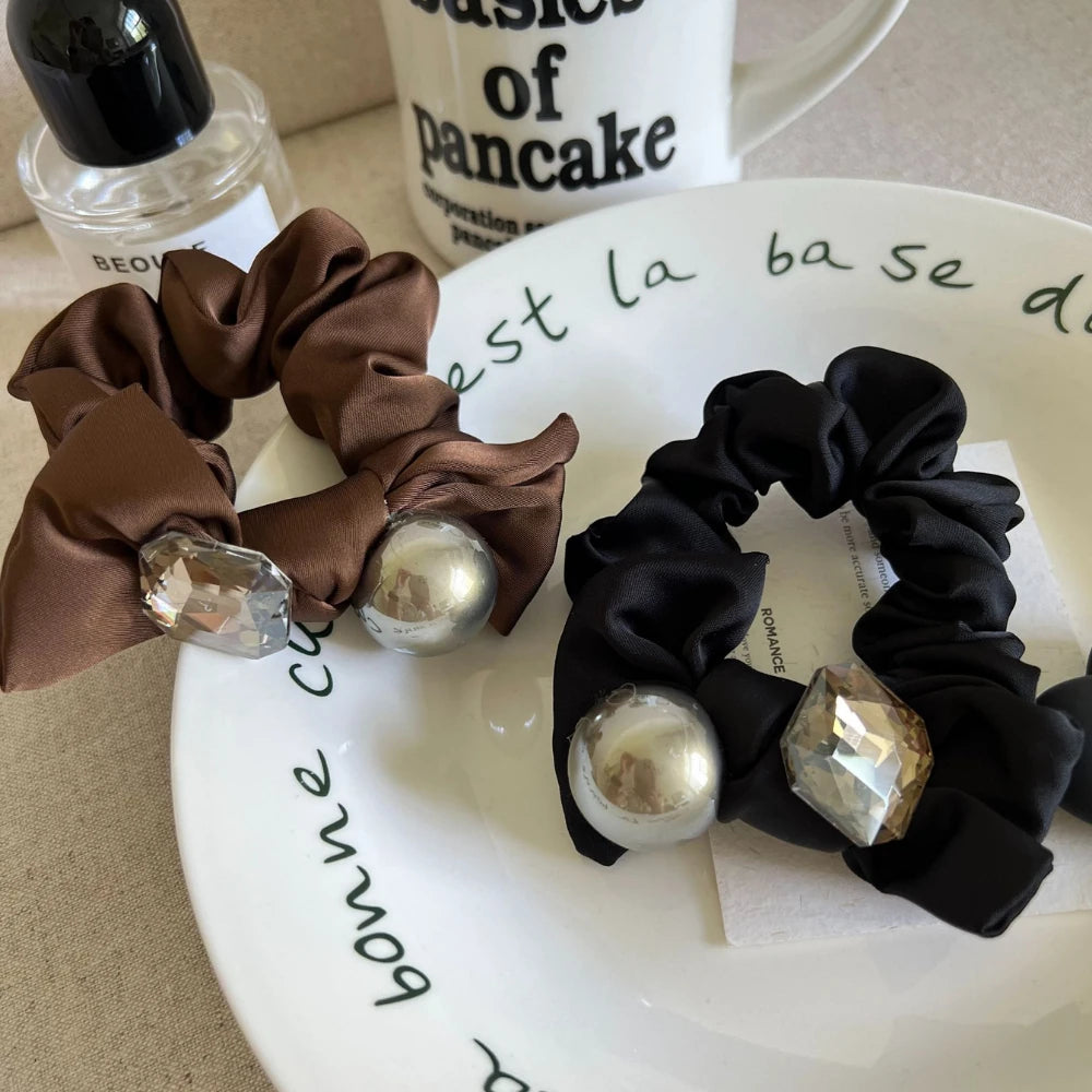 Crystal & Sphere Charm Satin Bow Scrunchie (3.5 Inch)