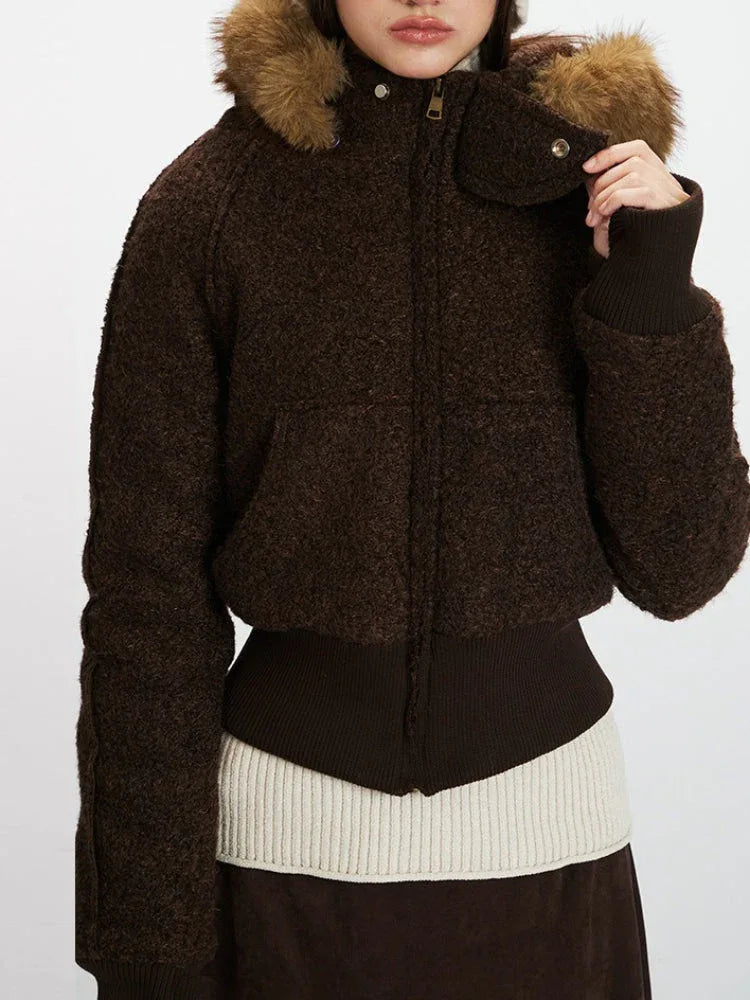 Vintage Chocolate Textured Bomber Jacket - TEVQA