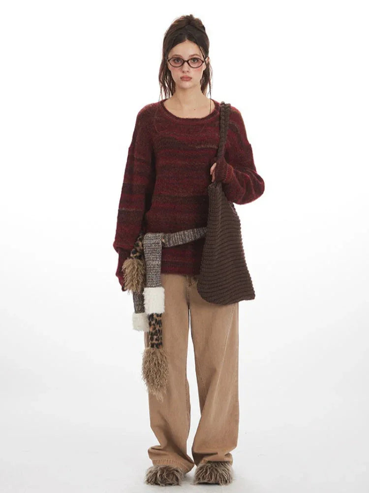 Vintage Burgundy Striped Knit Sweater - TEVQA Main image