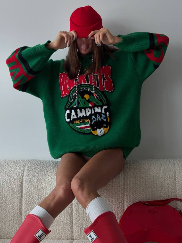 Retro Varsity "Camping" Oversized Knit Hoodie