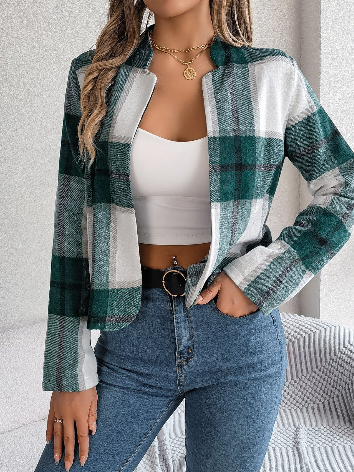 Chic Navy Blue Plaid Cropped Jacket