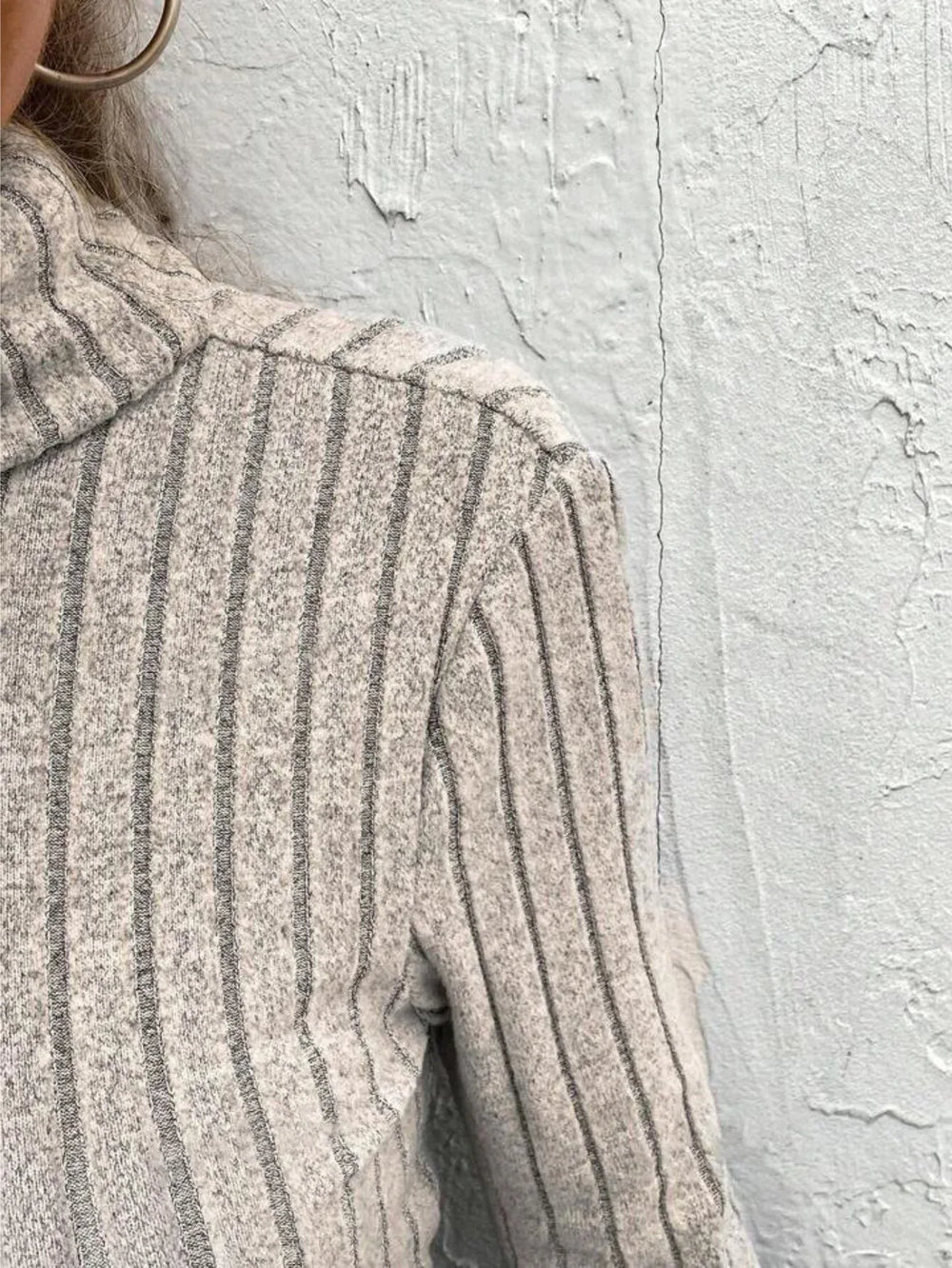 Timeless Oatmeal Ruched Turtleneck Ribbed Knit Top - TEVQA
