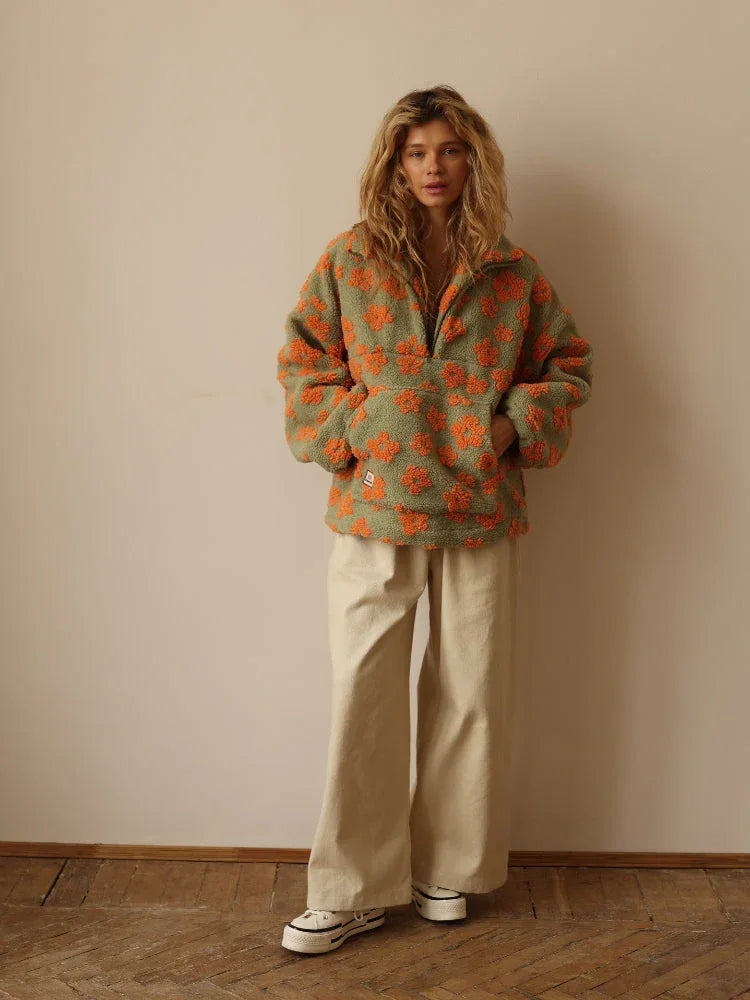 Vintage Floral Sherpa Fleece Pullover - View 8 | TEVQA