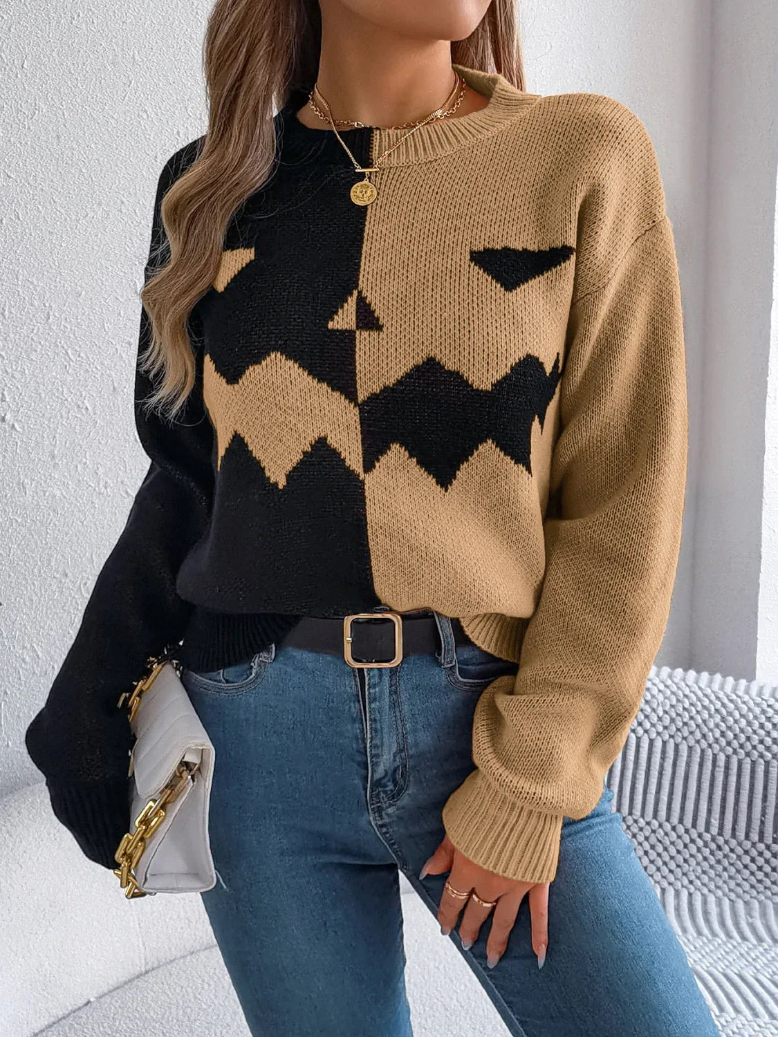 Spooky Chic Split Color Block Pumpkin Sweater - TEVQA