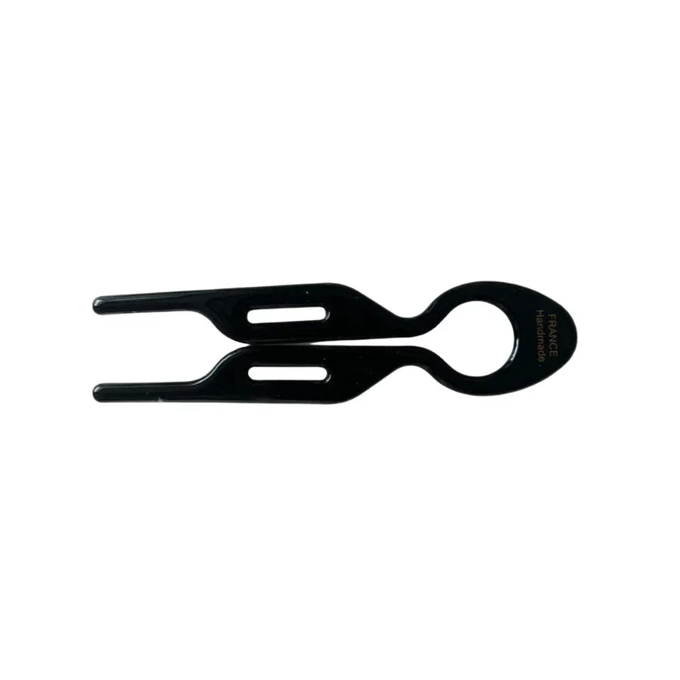 Black resin tweezers with a loop handle and two-pronged tip, isolated on a white background. Main image