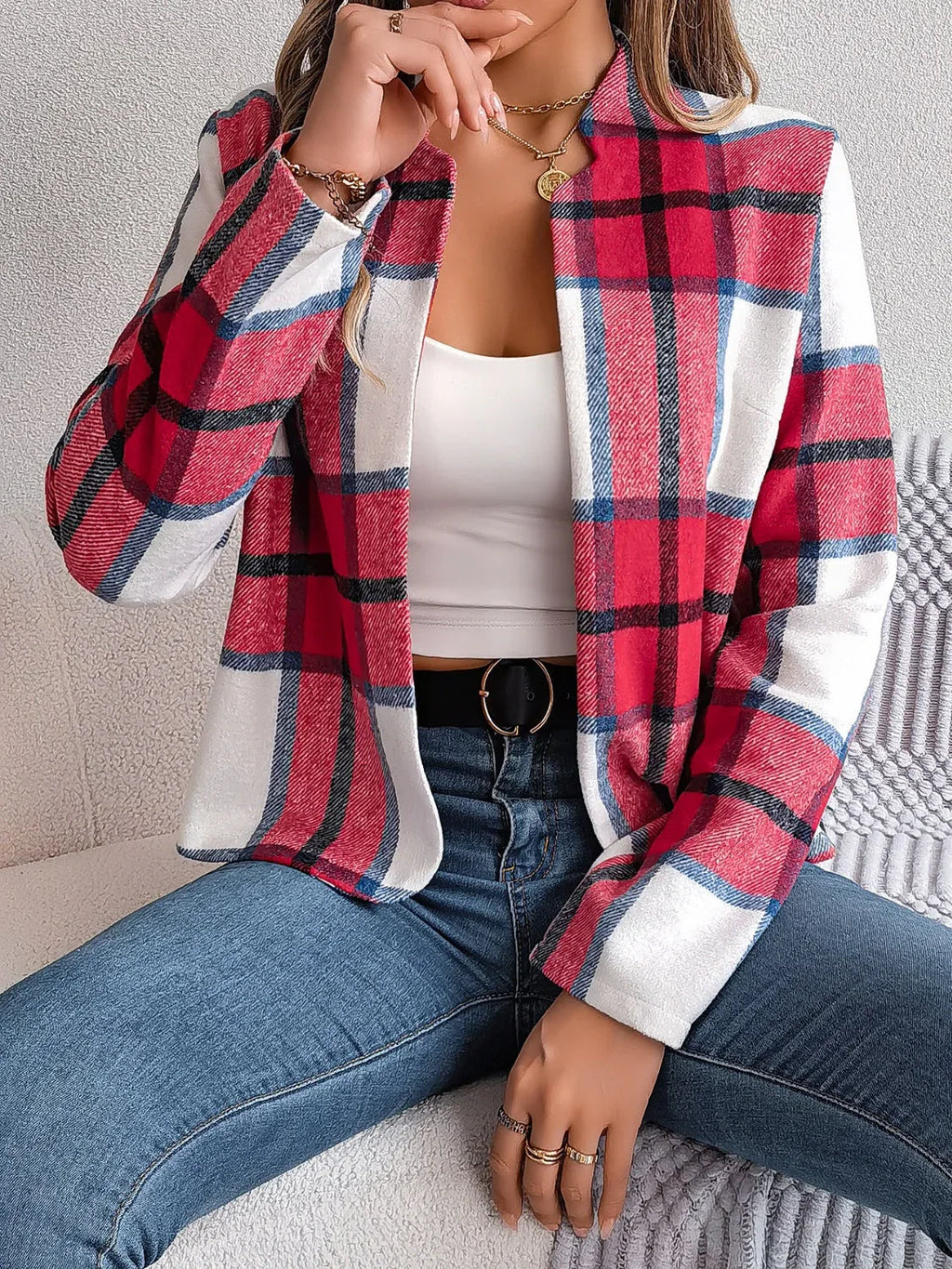 Navy blue plaid cropped jacket - View 18 | TEVQA