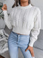White Cable Knit Cinched Waist Crop Sweater - TEVQA