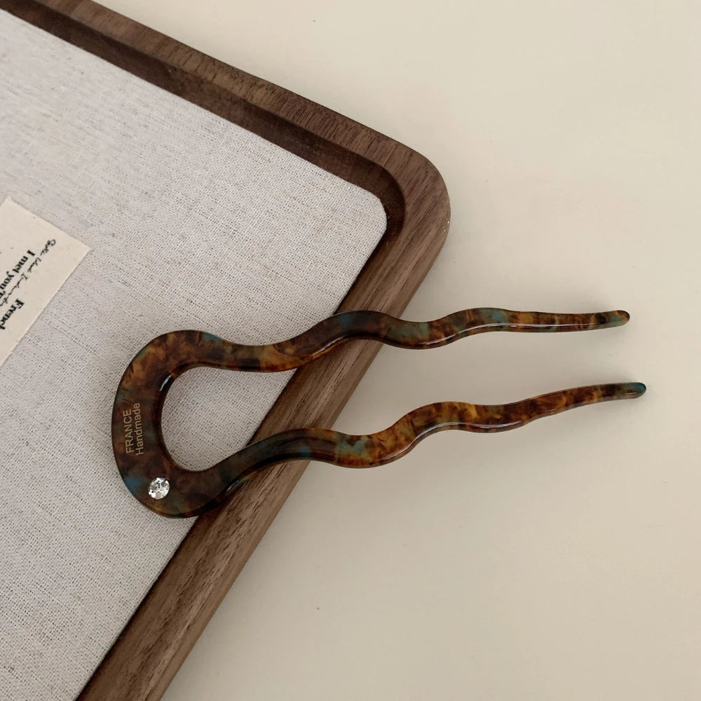 Acetate French Hair Pin with Crystal - 4.9" U-Shaped Chignon Pin