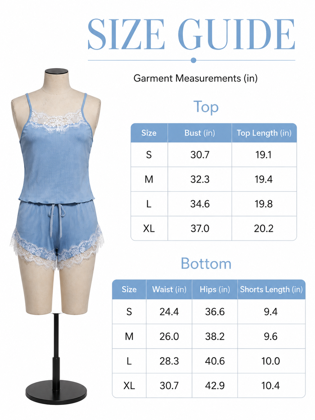Light blue women's lace trim pajama set - View 8 | TEVQA