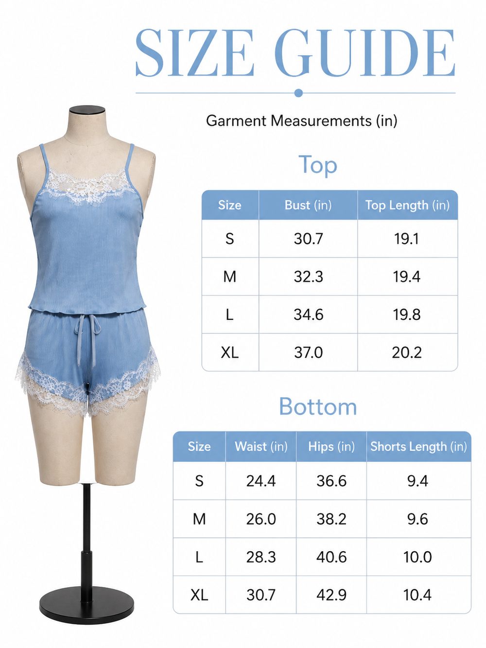 Light blue women's lace trim pajama set - View 8 | TEVQA