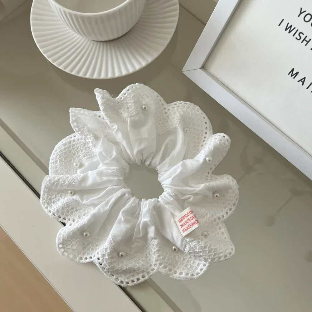 Oversized scrunchie with pearl and lace detailing - View 6 | TEVQA