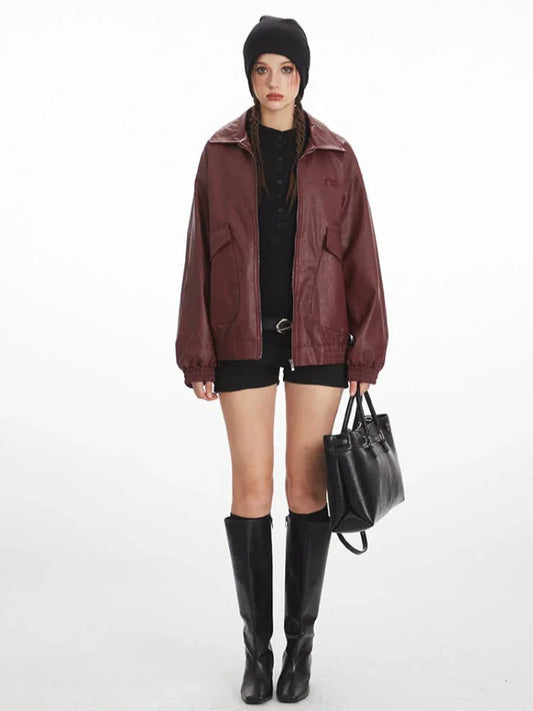 Vintage Burgundy Oversized Faux Leather Bomber Jacket - TEVQA