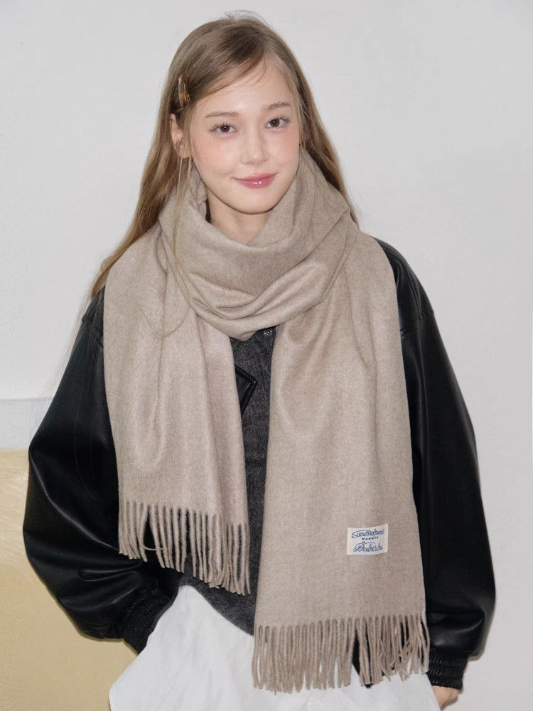 Cashmere-Feel Thick Tassel Scarf Beige