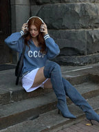 Retro Red CCCP Varsity Sweater with sailor collar and striped trim - View 12 | TEVQA