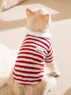 The back of a cream-colored cat wearing a red and white striped fleece pet sweater with a white faux shearling collar. A small label is visible on the sweater.
