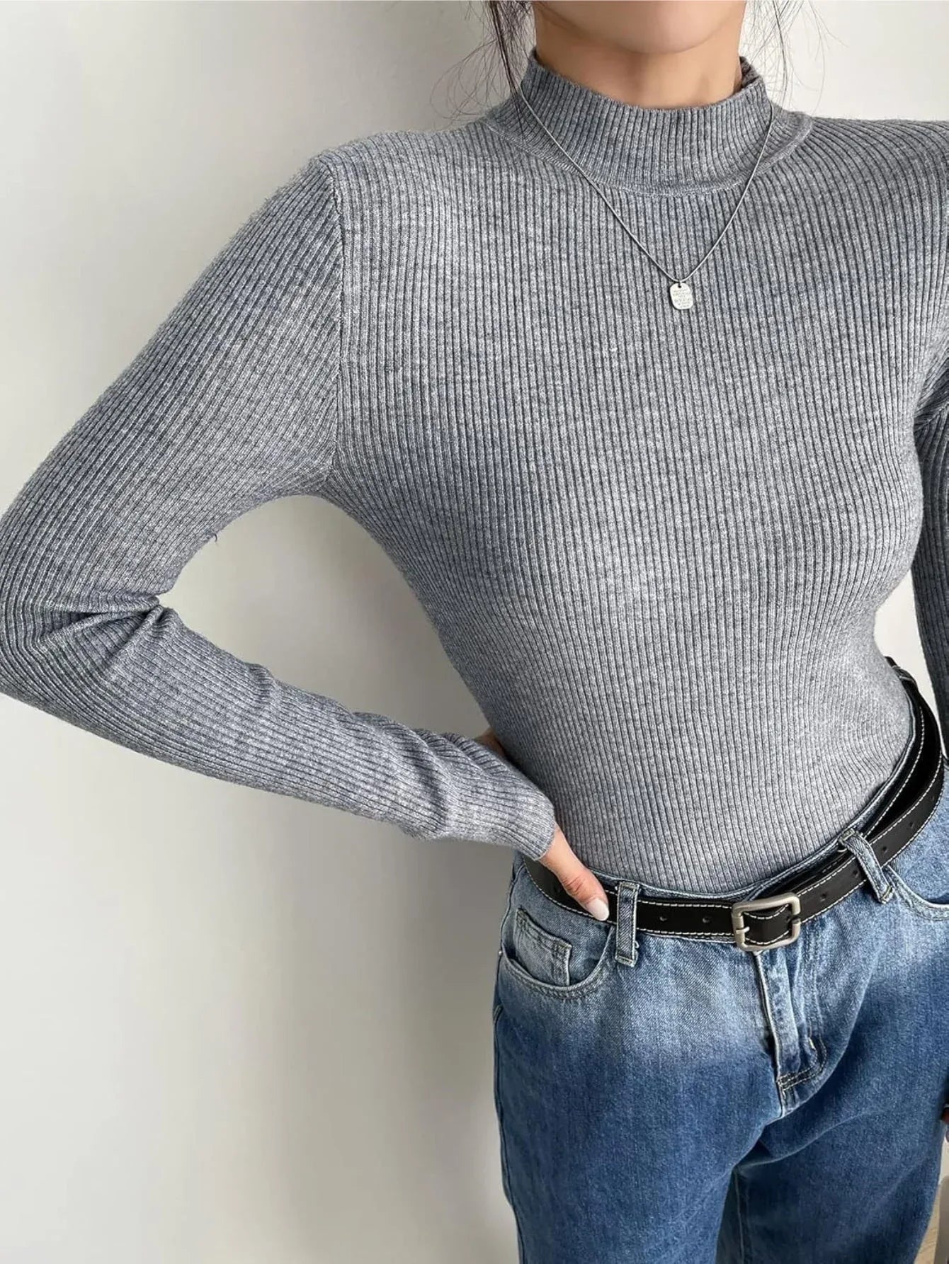 Ribbed Mock Neck Knit Top - View 6 | TEVQA